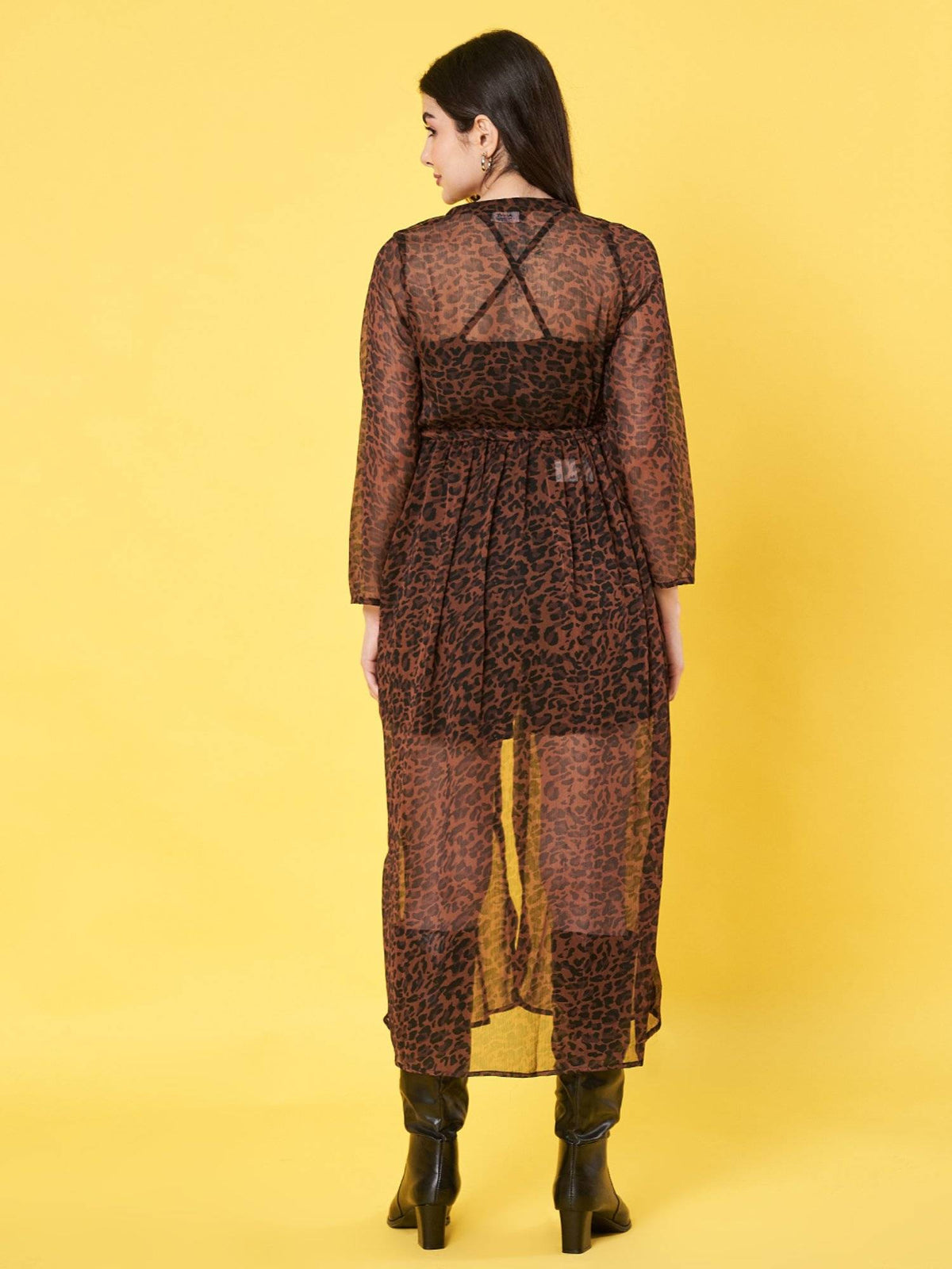 Animal Printed Brown Chiffon Longline Tie-Up Shrug | JC78 - view 5