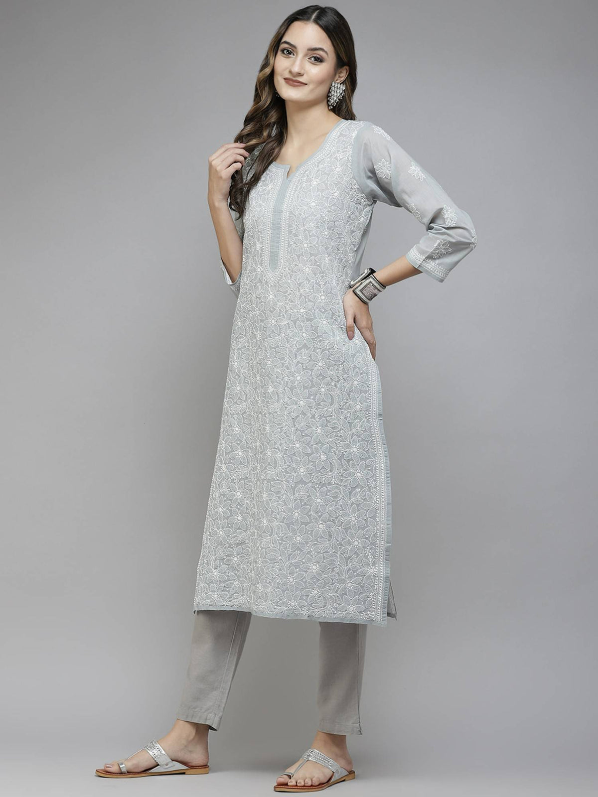 Hand Embroidered White Cotton Lucknowi Chikan Kurta (XS) (A411181) | KDG - view 51