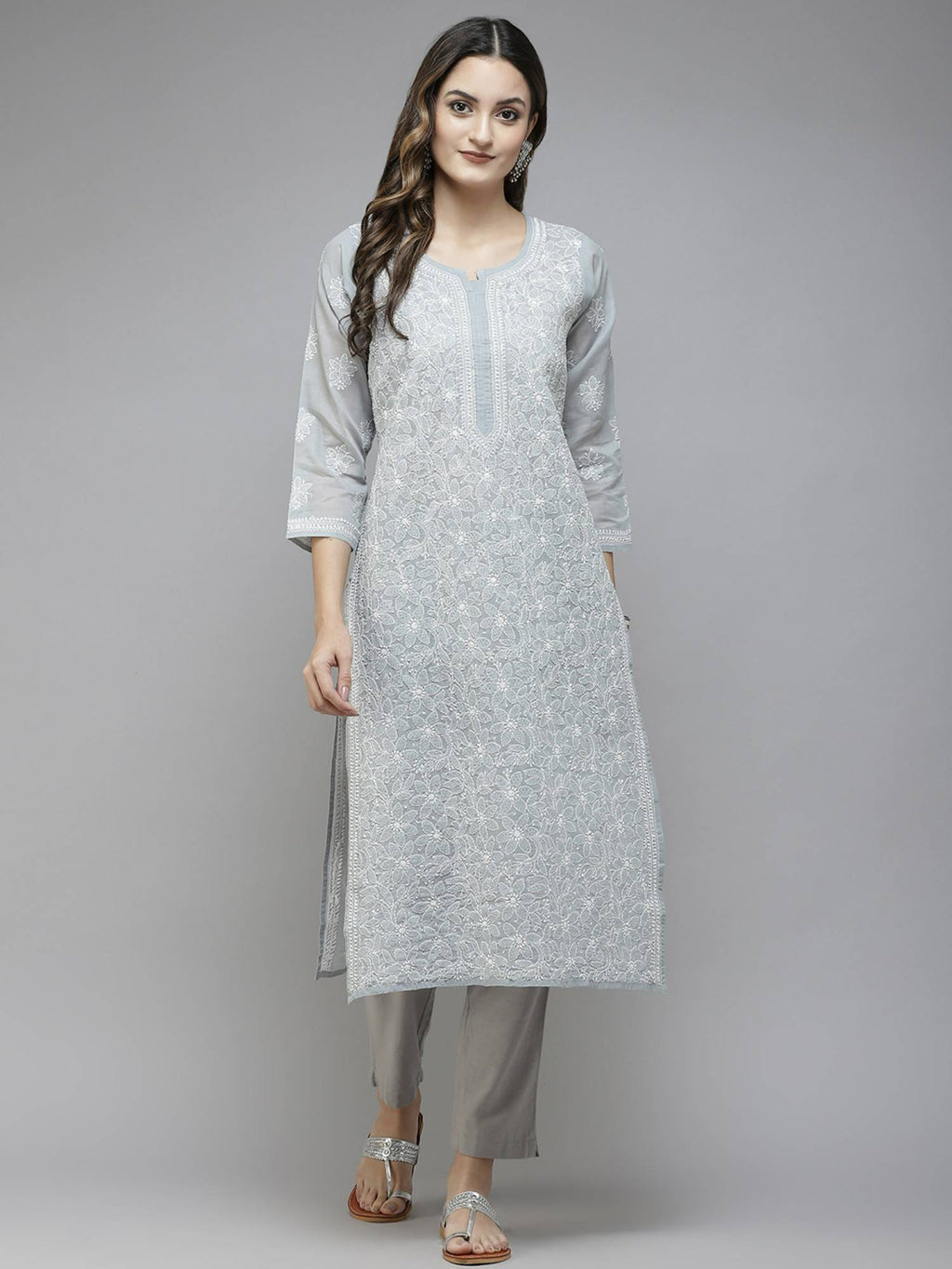 Hand Embroidered White Cotton Lucknowi Chikan Kurta (XS) (A411181) | KDG - view 52