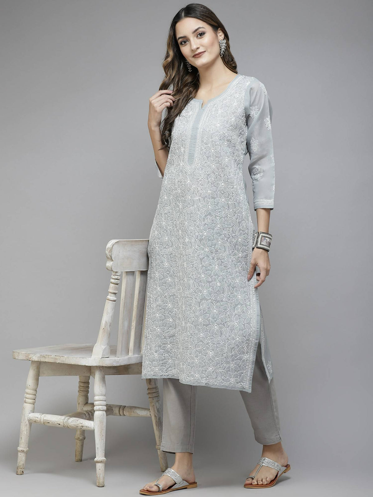 Hand Embroidered White Cotton Lucknowi Chikan Kurta (XS) (A411181) | KDG - view 55