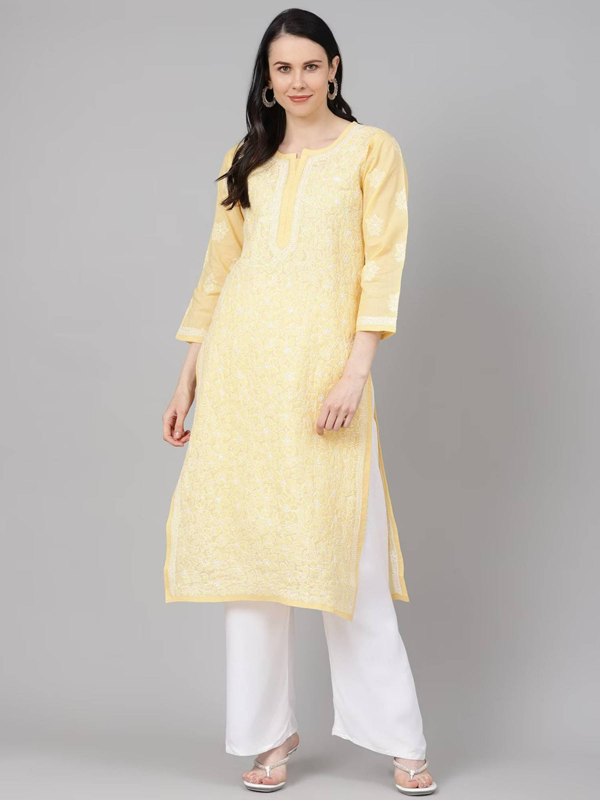 Hand Embroidered White Cotton Lucknowi Chikan Kurta (XS) (A411181) | KDG - view 14