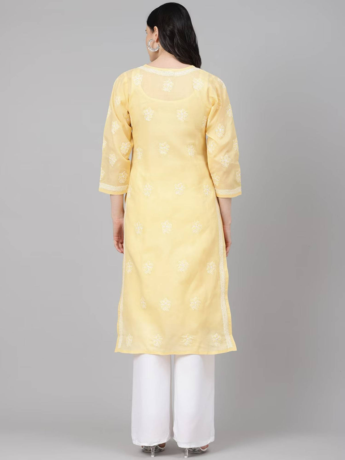 Hand Embroidered White Cotton Lucknowi Chikan Kurta (XS) (A411181) | KDG - view 15