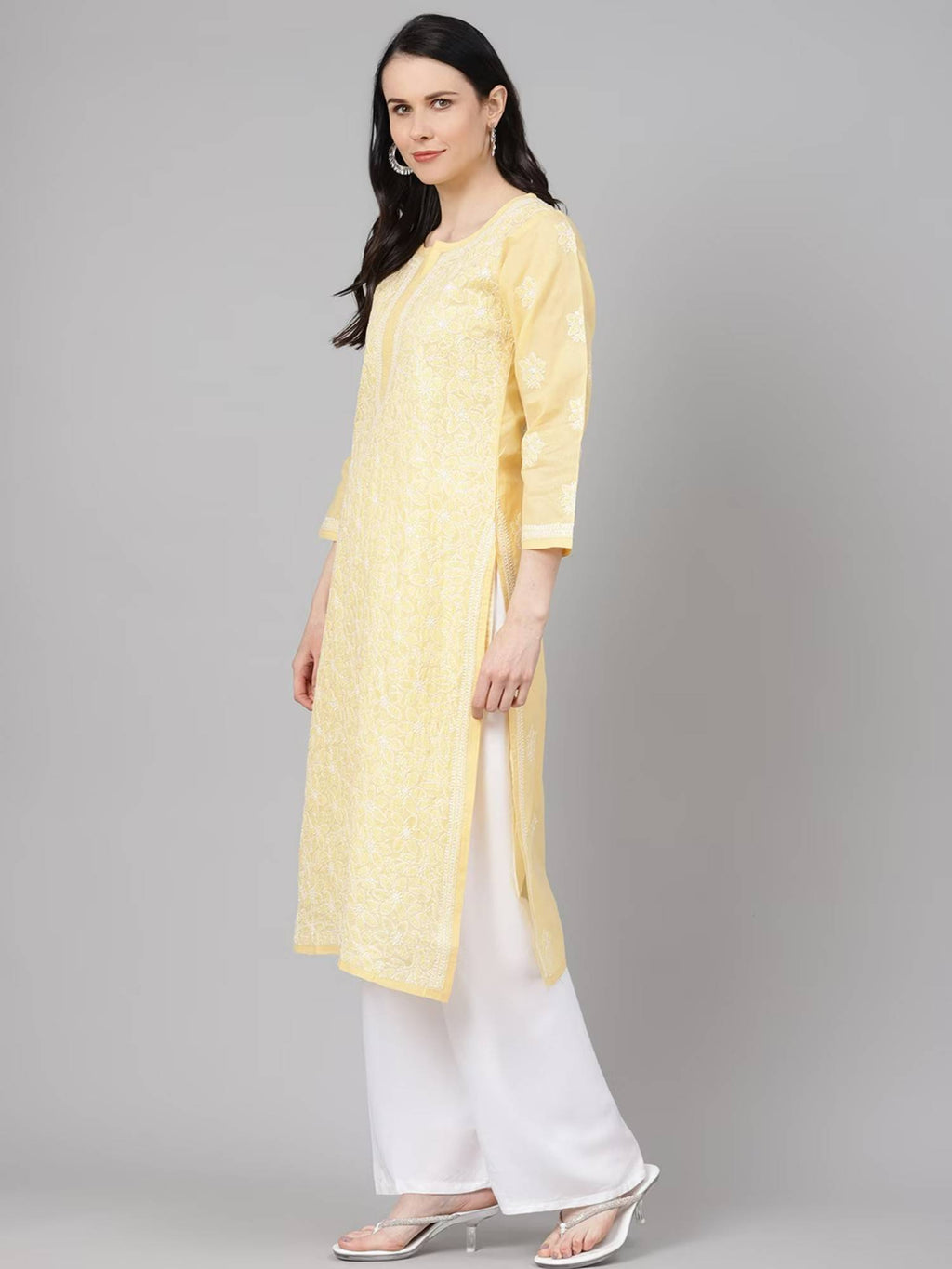 Hand Embroidered White Cotton Lucknowi Chikan Kurta (XS) (A411181) | KDG - view 16