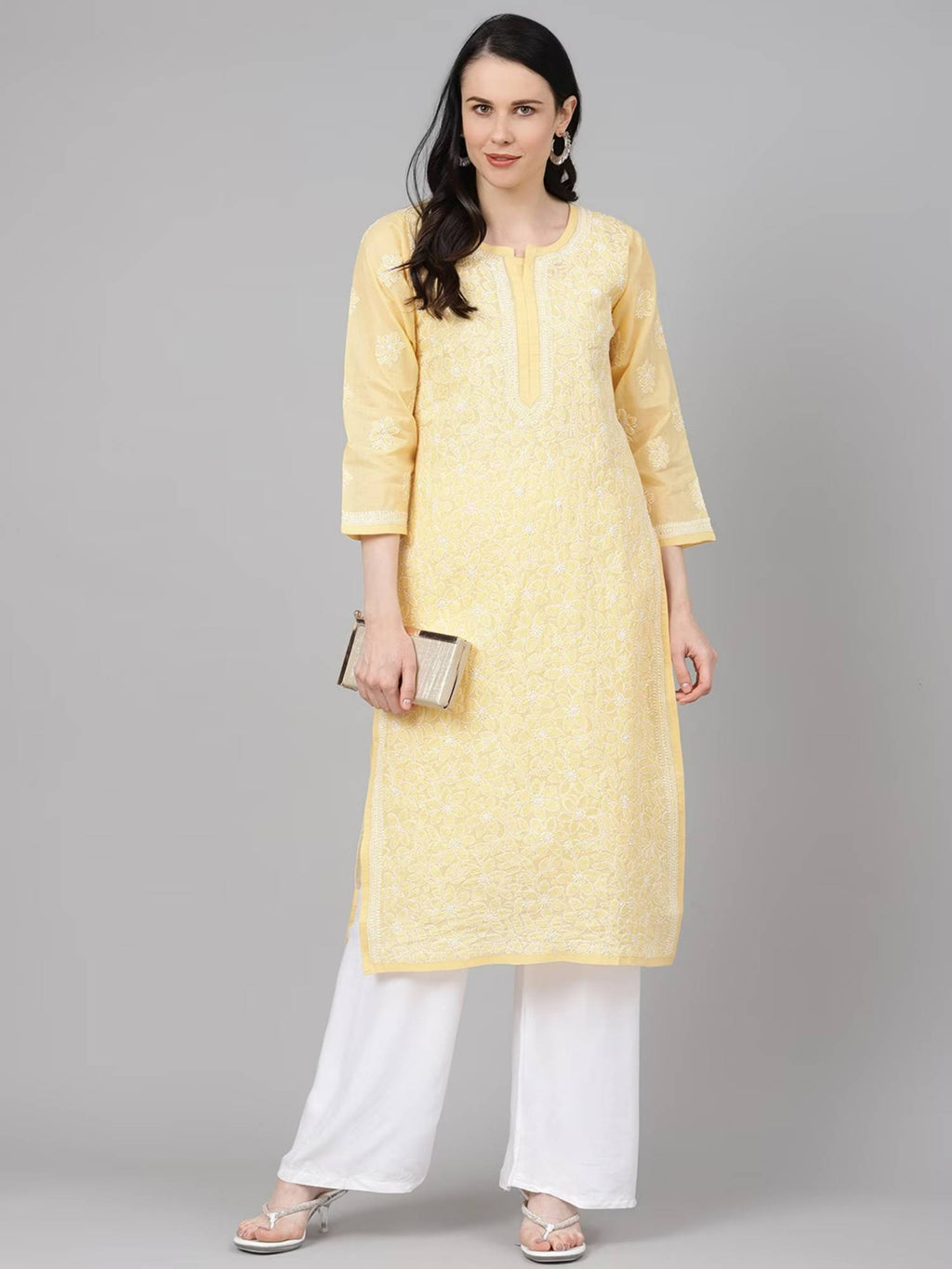 Hand Embroidered White Cotton Lucknowi Chikan Kurta (XS) (A411181) | KDG - view 18