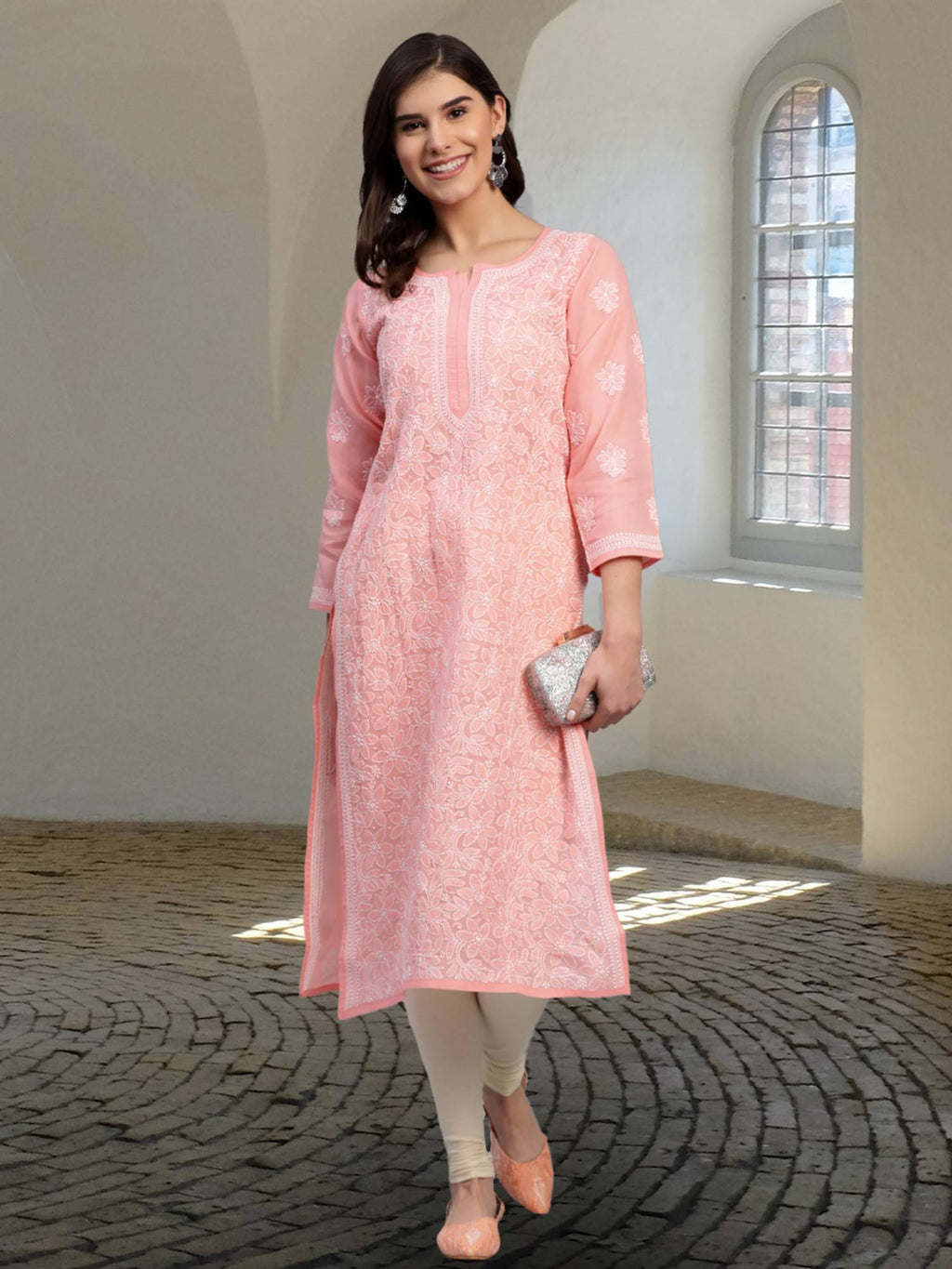 Hand Embroidered White Cotton Lucknowi Chikan Kurta (XS) (A411181) | KDG - view 7