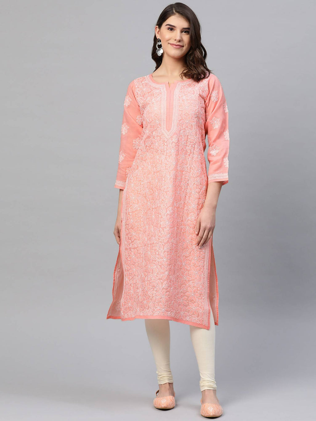 Hand Embroidered White Cotton Lucknowi Chikan Kurta (XS) (A411181) | KDG - view 8