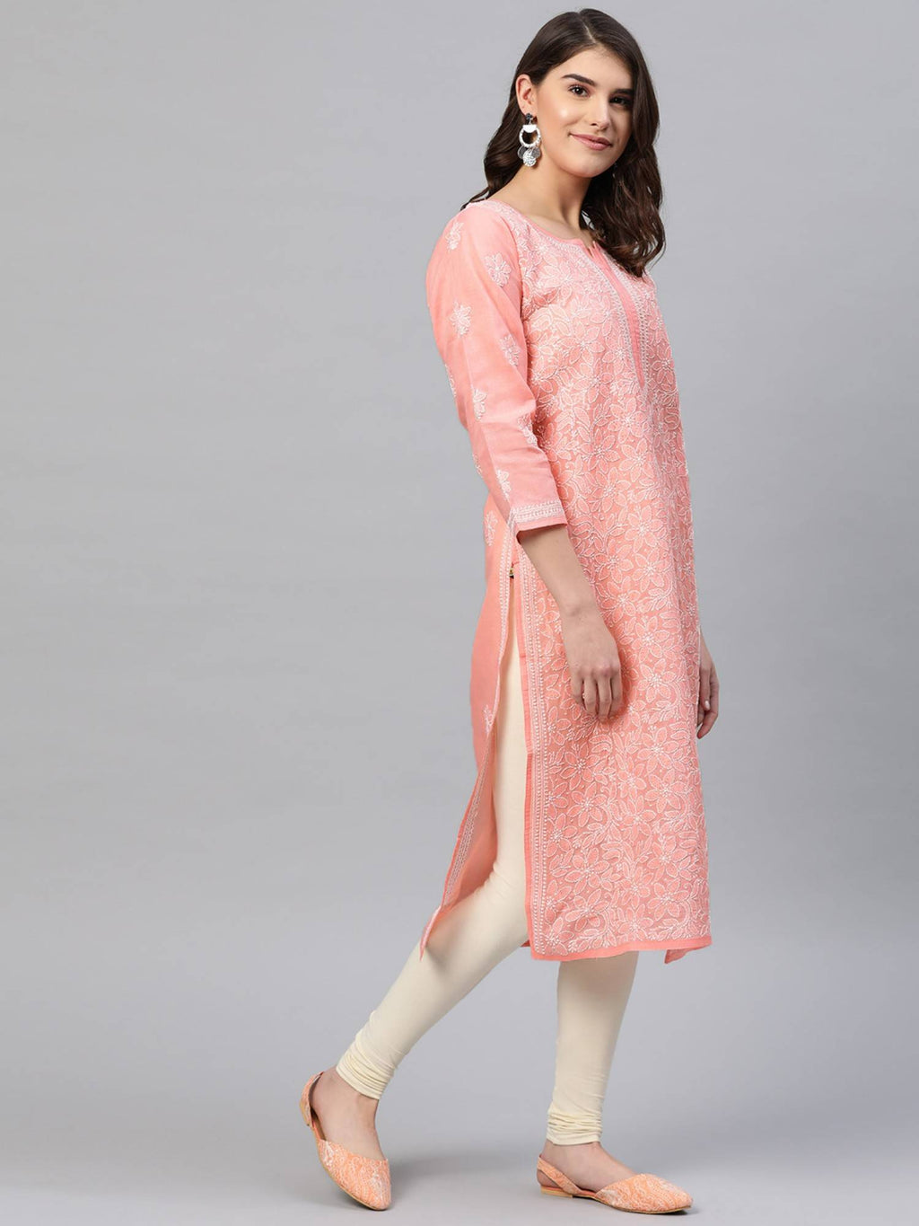 Hand Embroidered White Cotton Lucknowi Chikan Kurta (XS) (A411181) | KDG - view 9