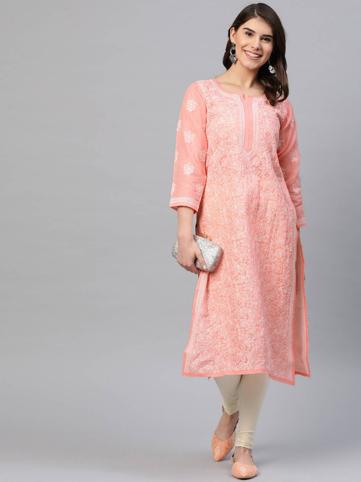 Hand Embroidered White Cotton Lucknowi Chikan Kurta (XS) (A411181) | KDG - view 12