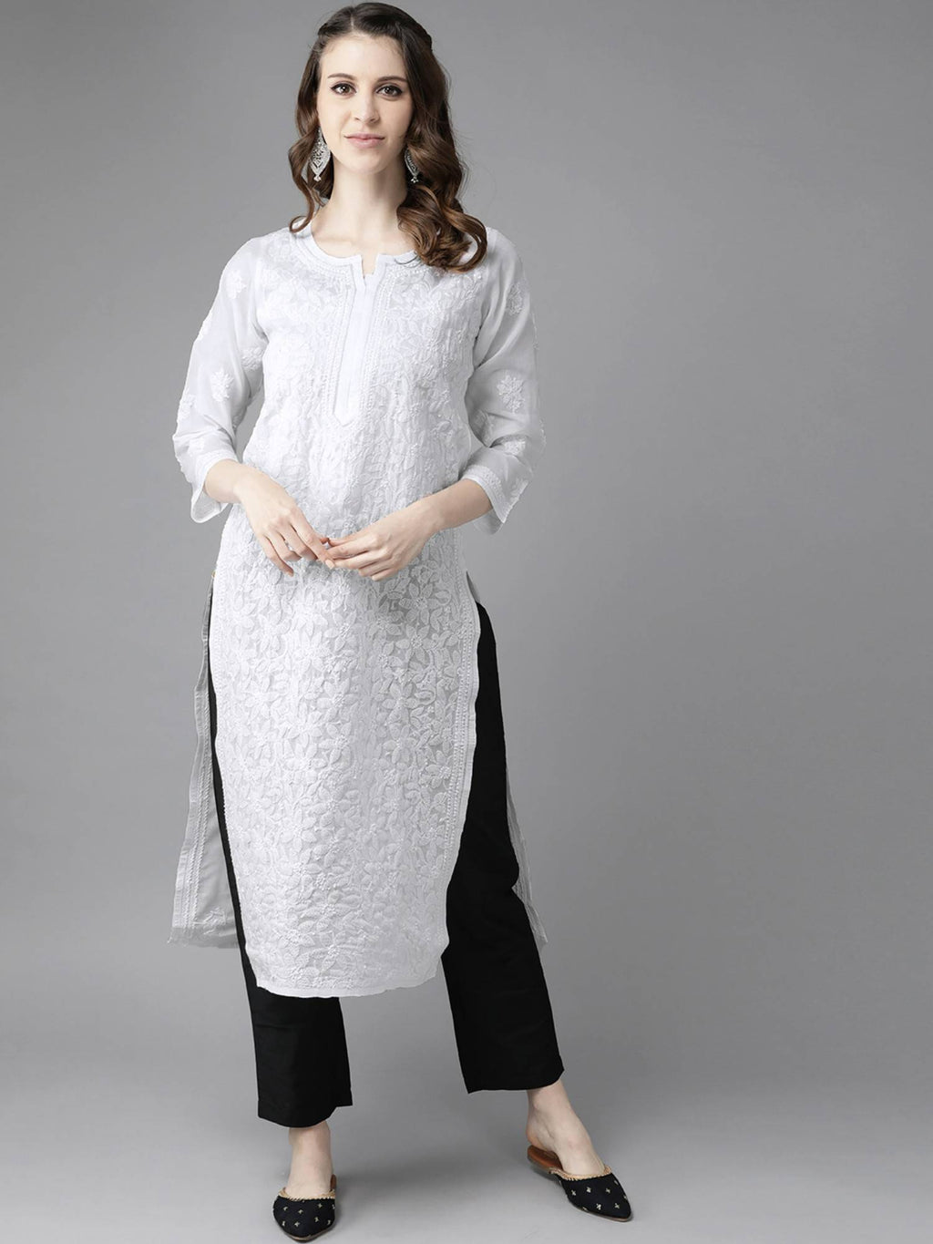 Hand Embroidered White Cotton Lucknowi Chikan Kurta (XS) (A411181) | KDG - view 2