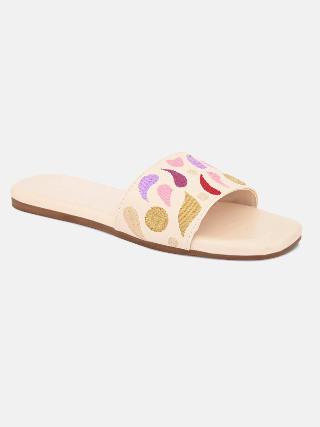 Beige Open Toe Embroidered Womens Flats | F61 - view 1