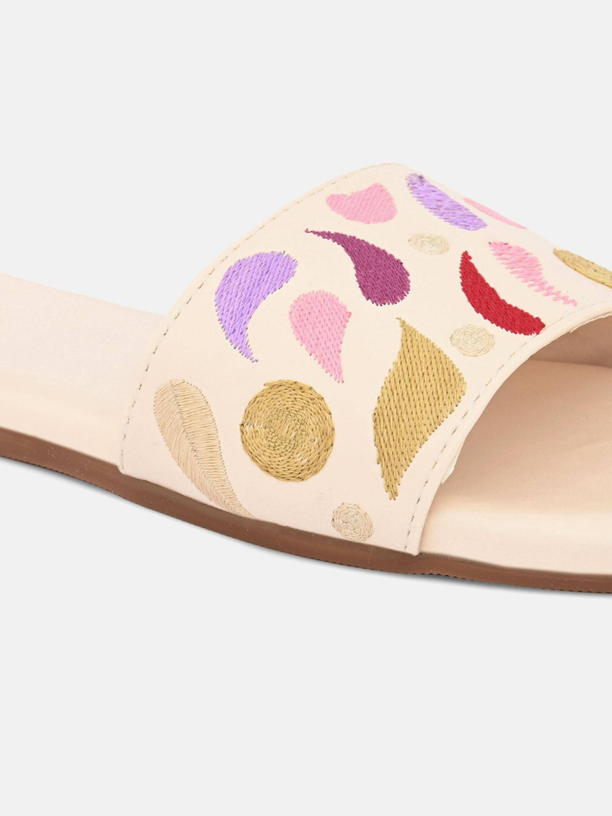 Beige Open Toe Embroidered Womens Flats | F61 - view 2