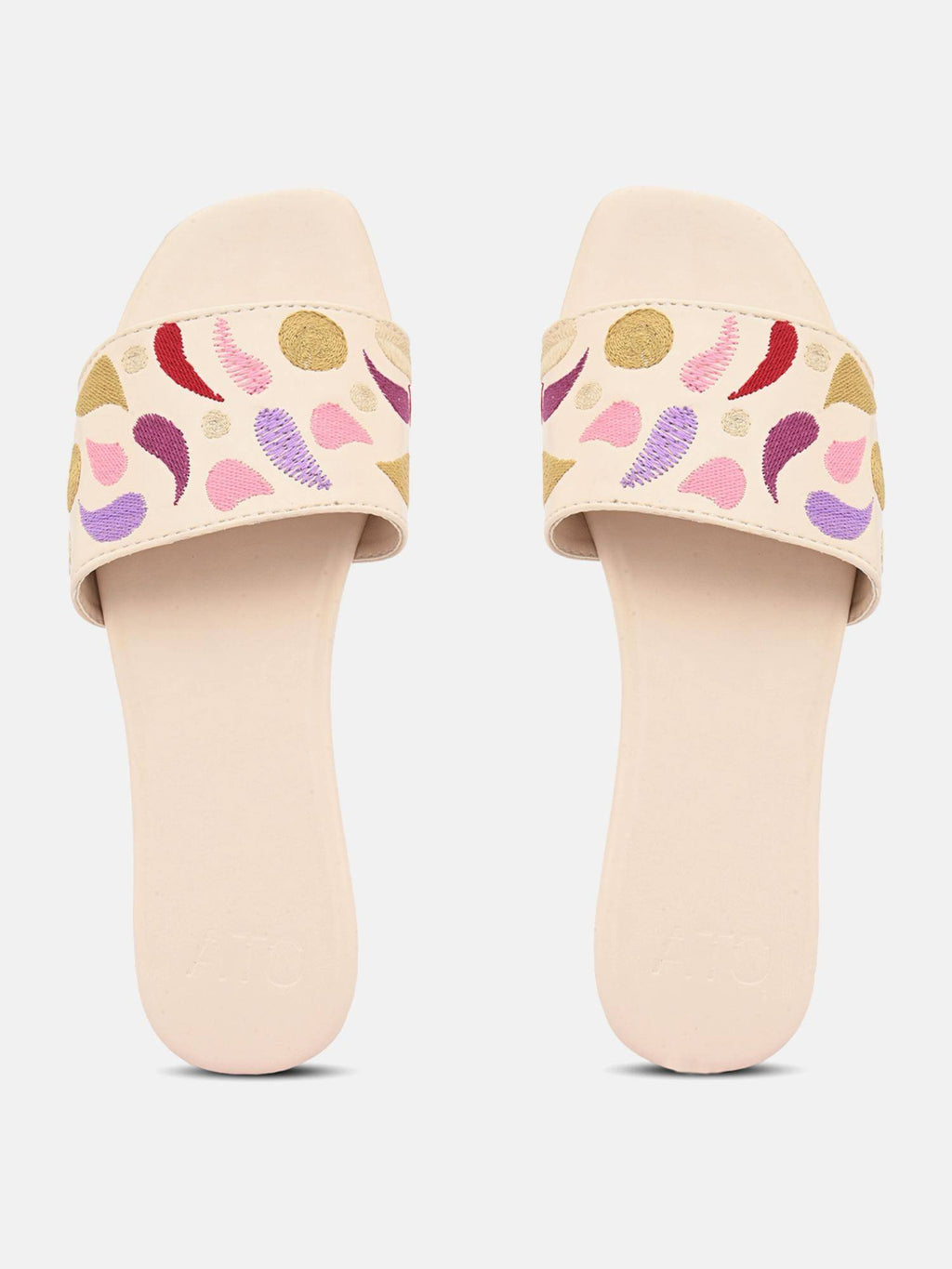 Beige Open Toe Embroidered Womens Flats | F61 - view 3