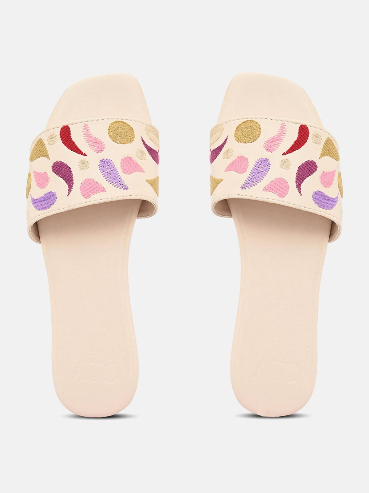 Beige Open Toe Embroidered Womens Flats | F61 - view 3