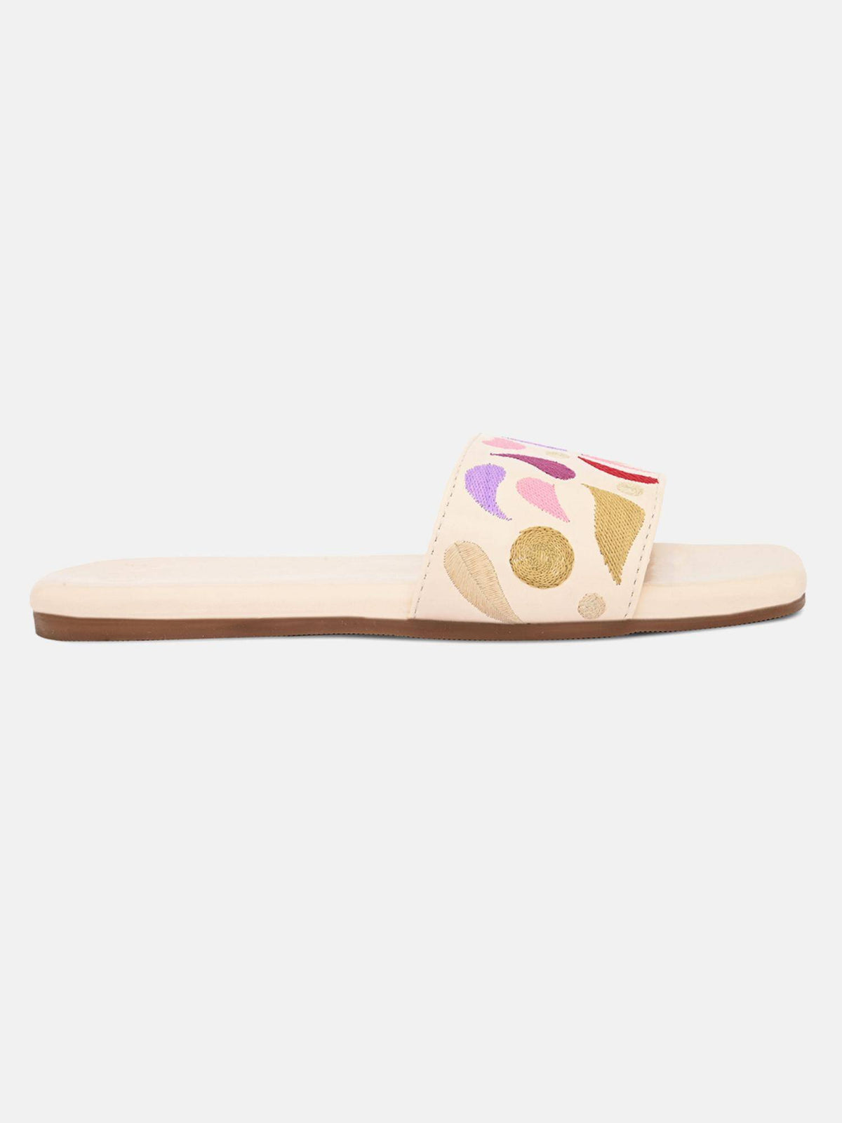Beige Open Toe Embroidered Womens Flats | F61 - view 4