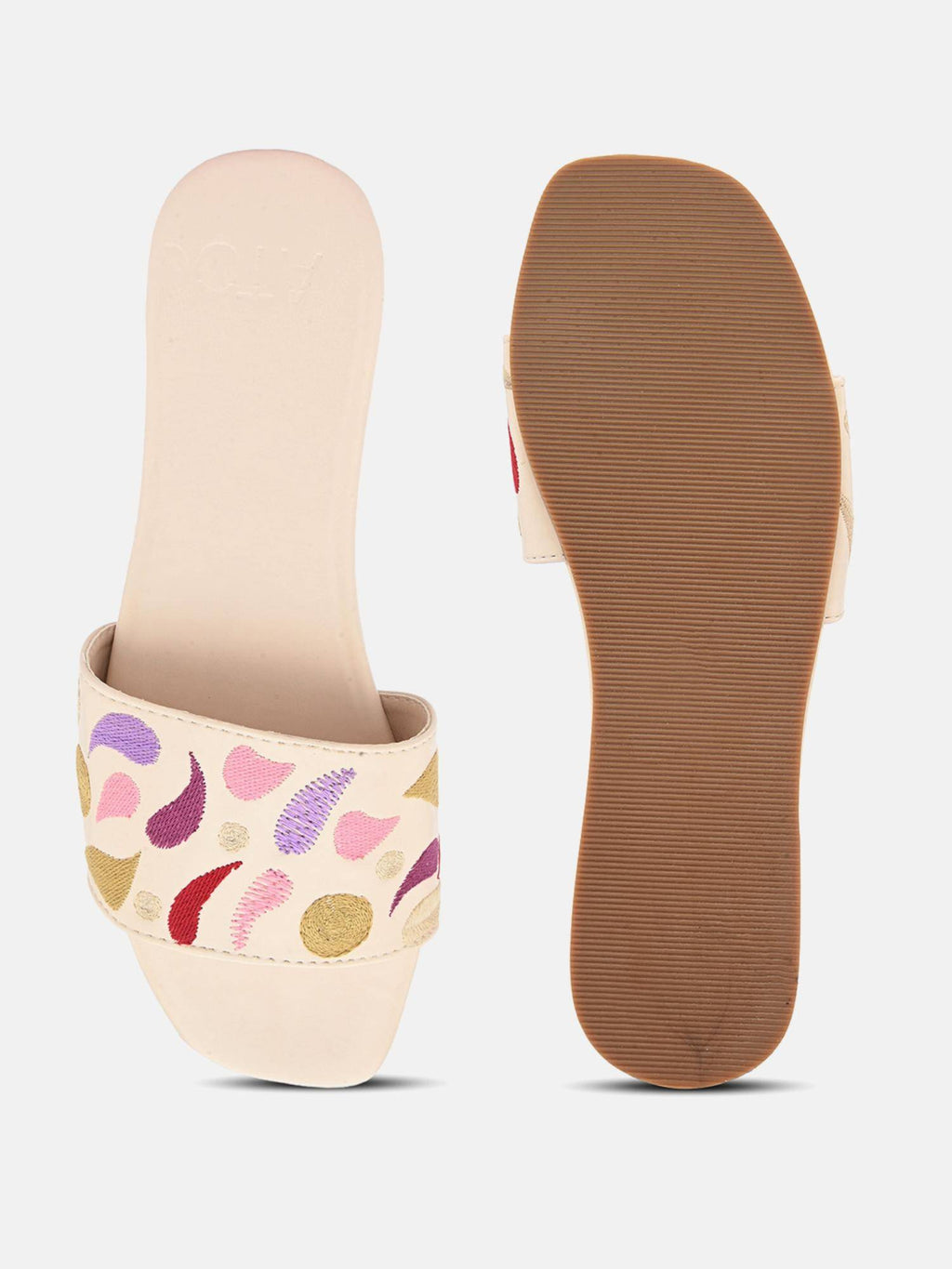 Beige Open Toe Embroidered Womens Flats | F61 - view 6