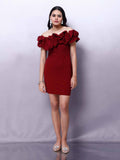 Maroon Off-Shoulder Solid Scrunchie Sheath Dress | D56 - view 1