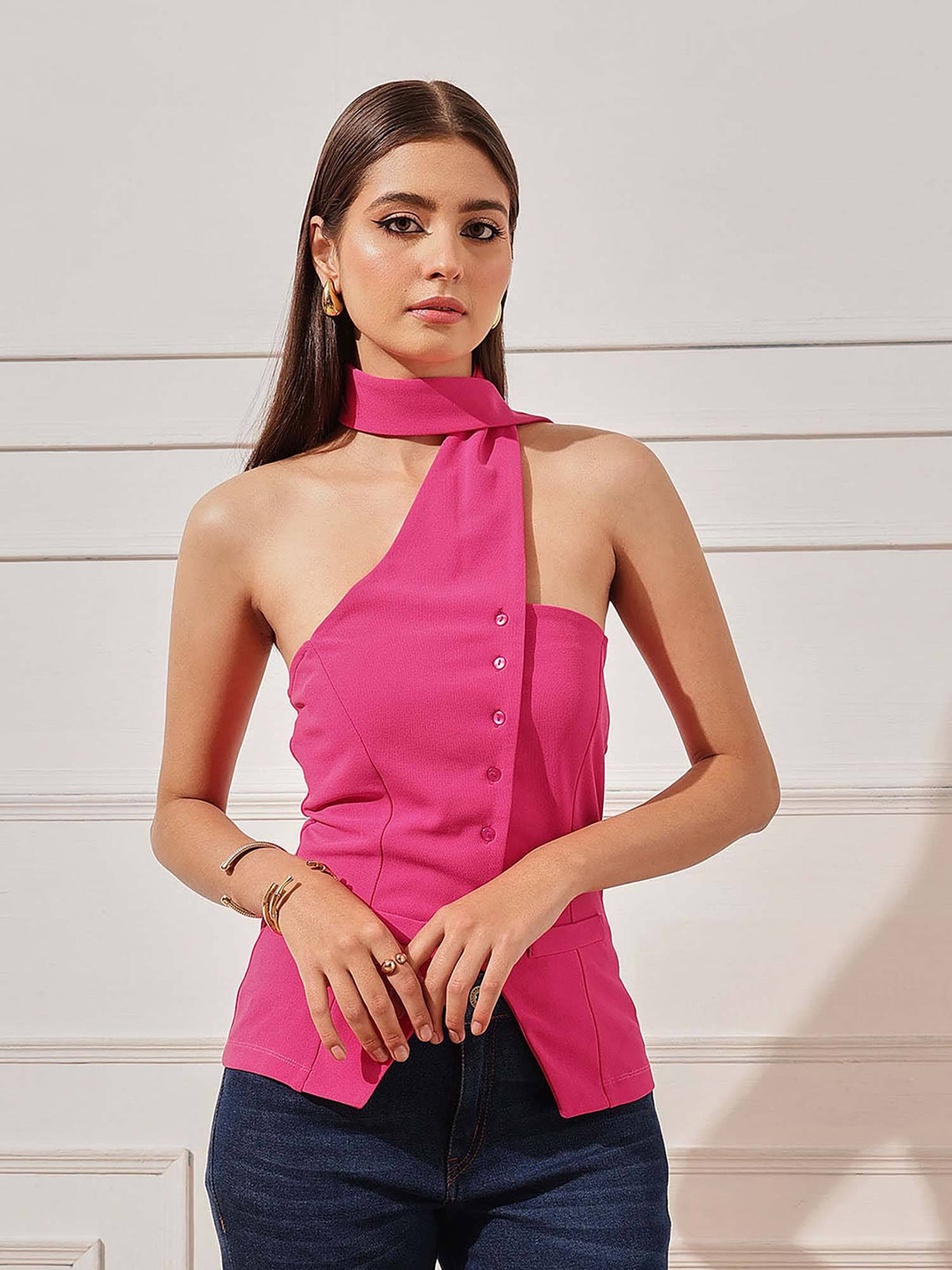 Pink Polyester Sleeveless Solid Halter Neck Top | HT67 - view 1