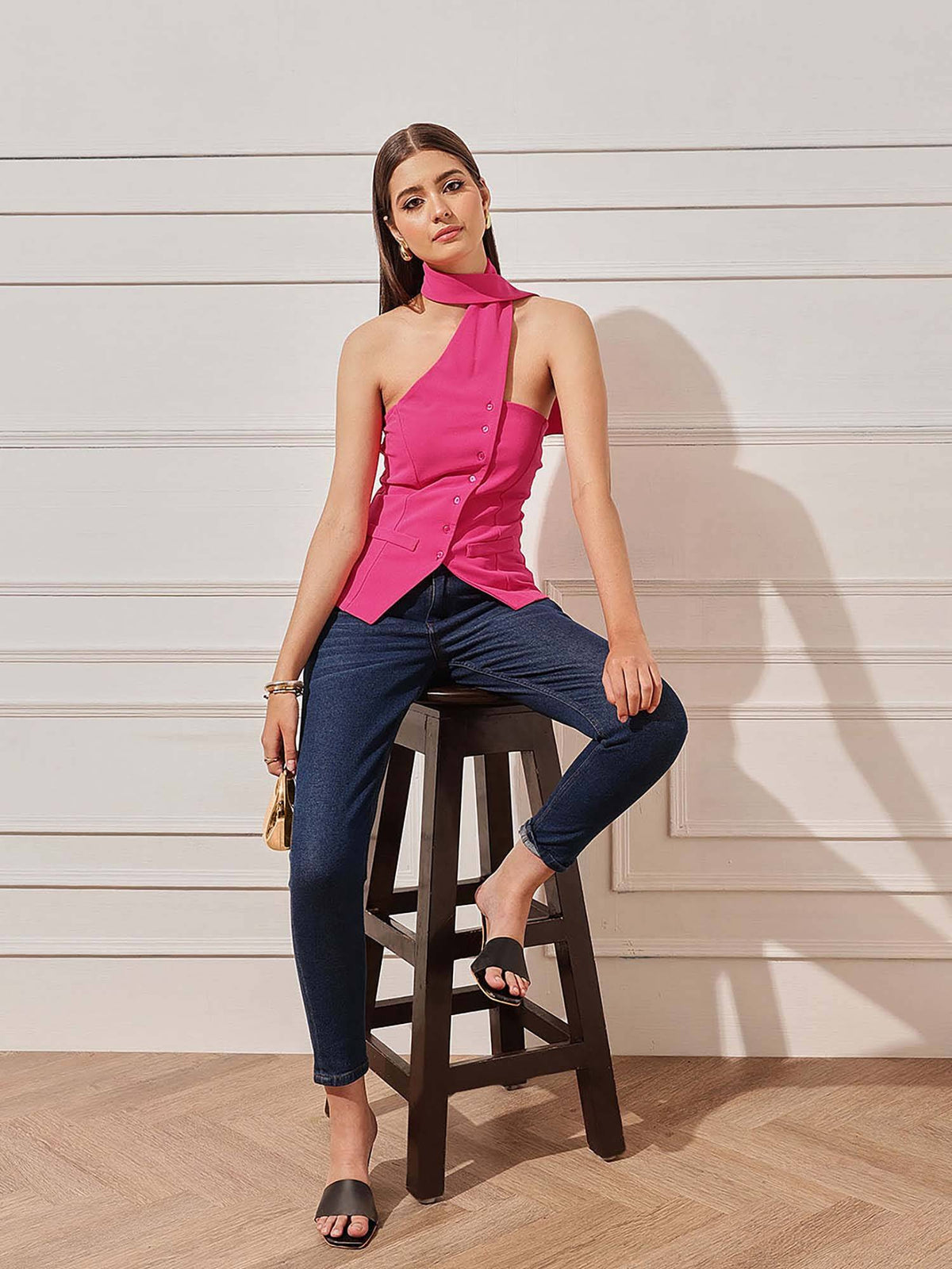 Pink Polyester Sleeveless Solid Halter Neck Top | HT67 - view 6