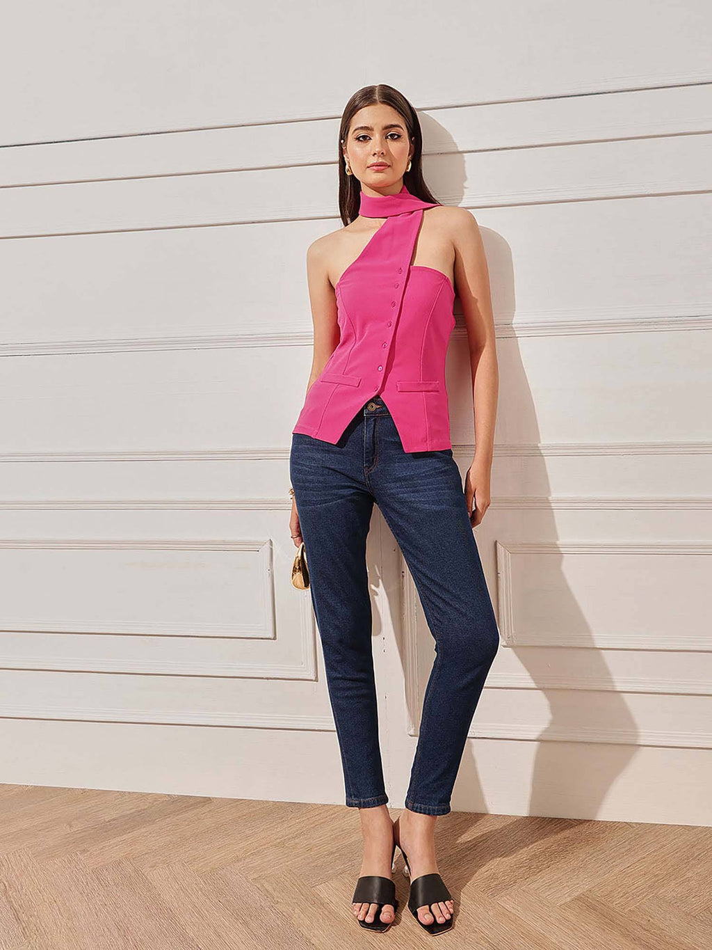 Pink Polyester Sleeveless Solid Halter Neck Top | HT67 - view 7