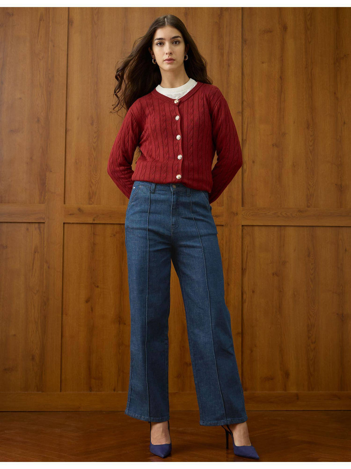 Women Blue Solid High Rise Straight Fit Jeans | ST23 - view 3