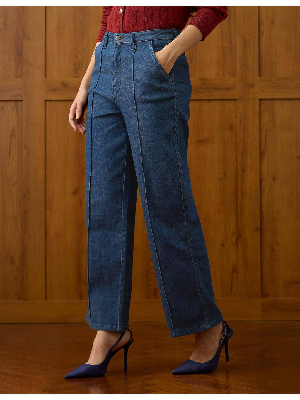 Women Blue Solid High Rise Straight Fit Jeans | ST23 - view 4