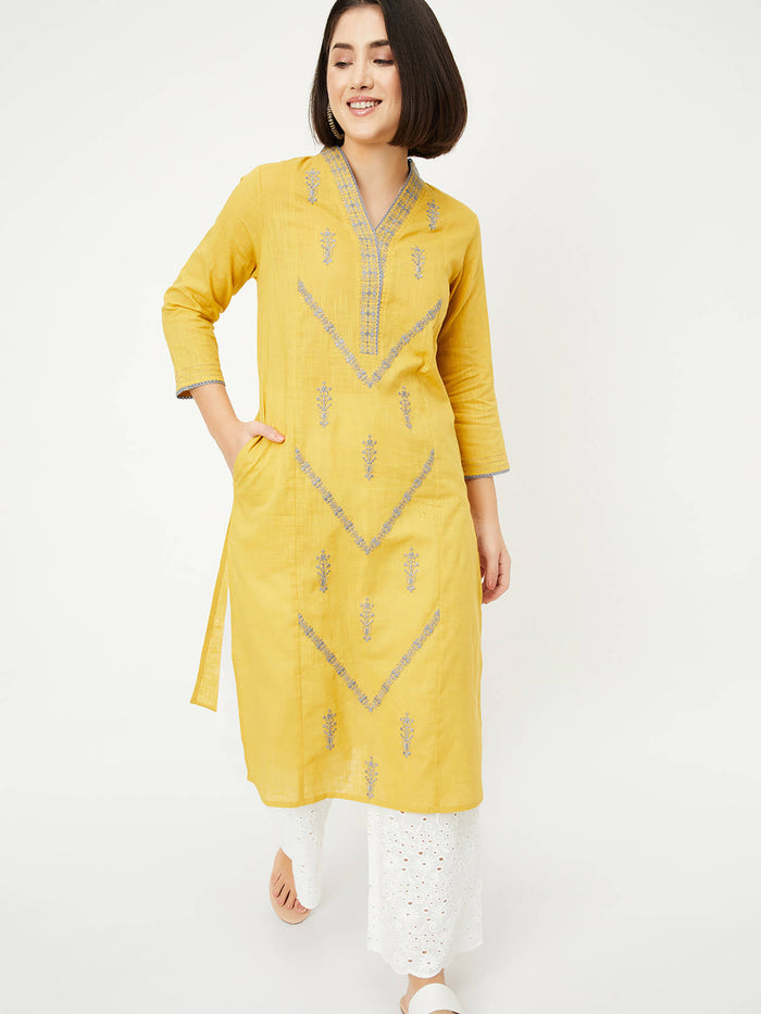 Women Yellow Embroidered Thread Work Kurta | U3S - view 1