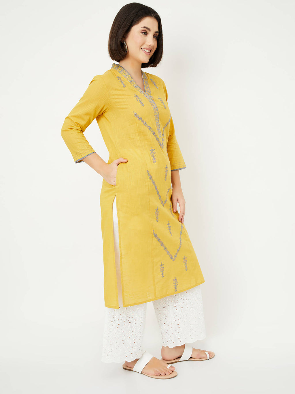 Women Yellow Embroidered Thread Work Kurta | U3S - view 2