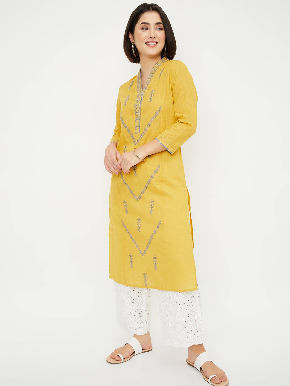 Women Yellow Embroidered Thread Work Kurta | U3S - view 5