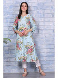 Blue Floral Printed Pure Cotton Straight Kurta | KDG - view 1