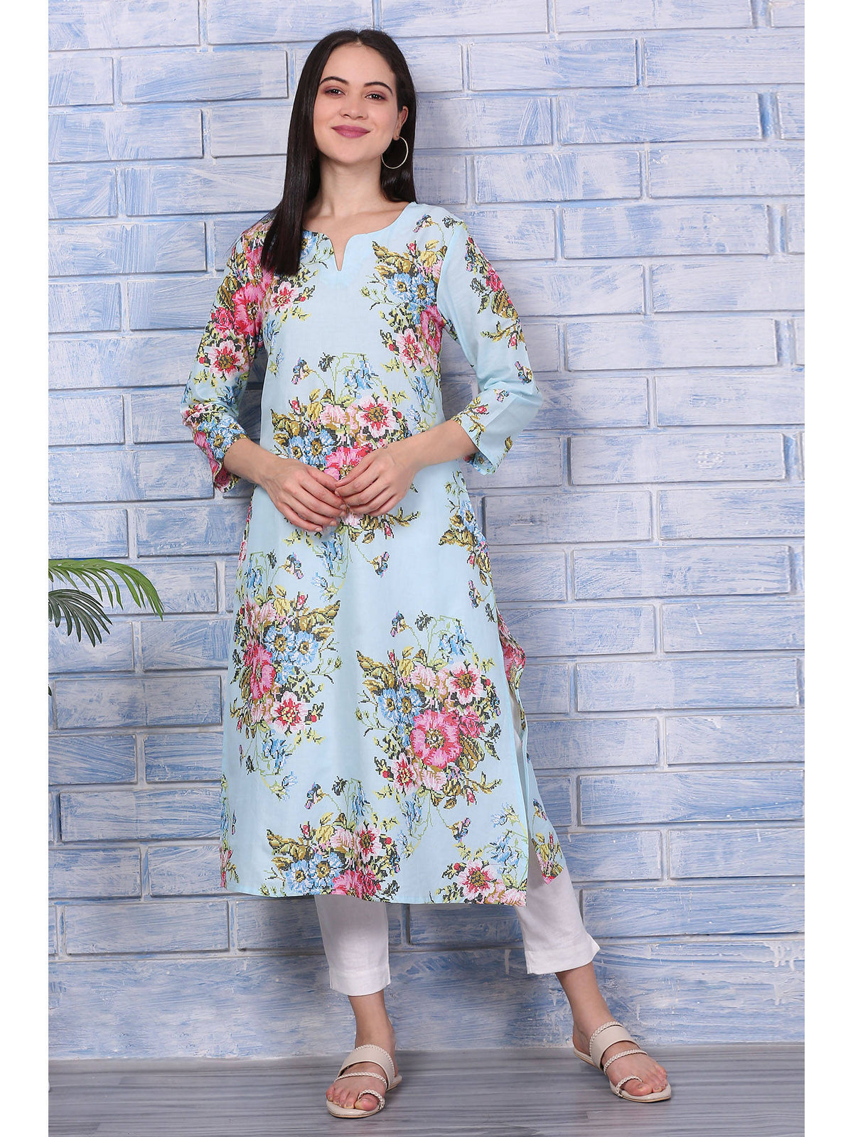 Blue Floral Printed Pure Cotton Straight Kurta | U3S - view 1