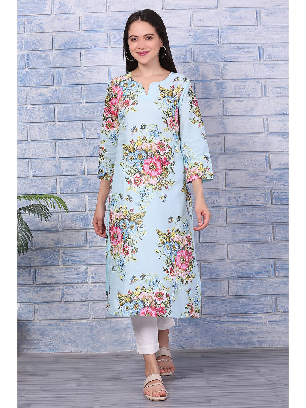 Blue Floral Printed Pure Cotton Straight Kurta | KDG - view 2