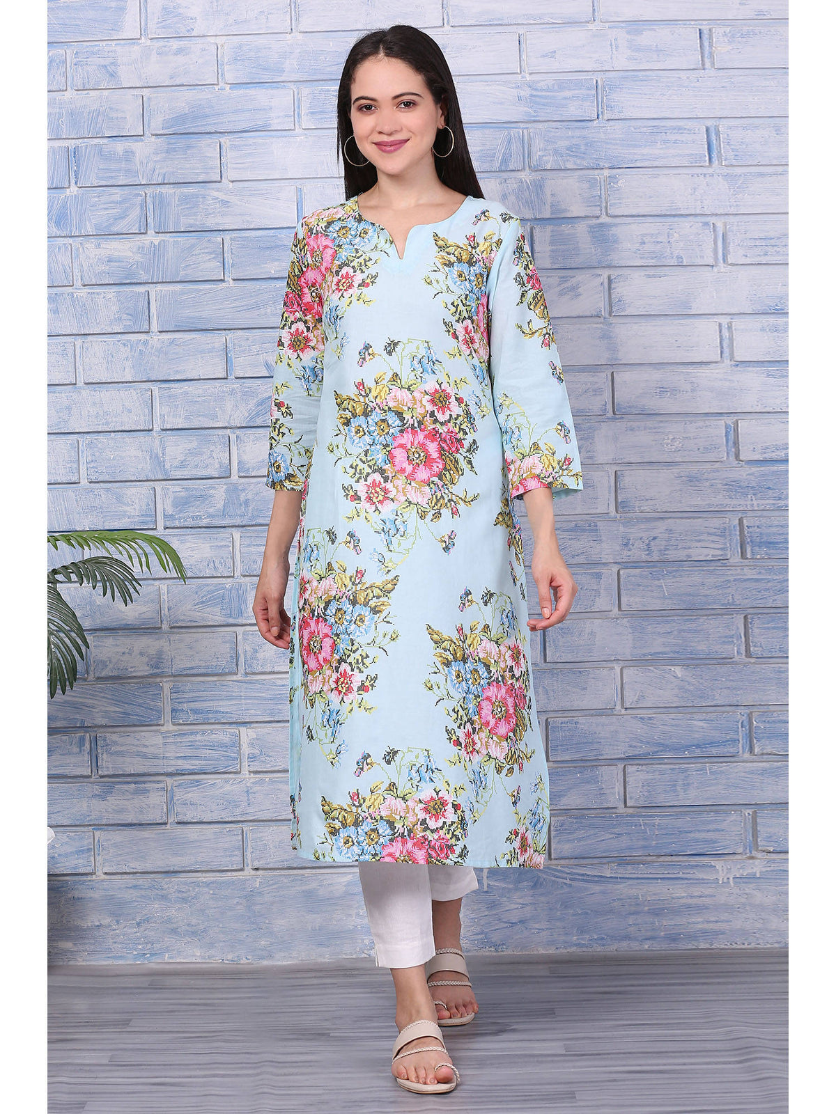 Blue Floral Printed Pure Cotton Straight Kurta | FY93 - view 2