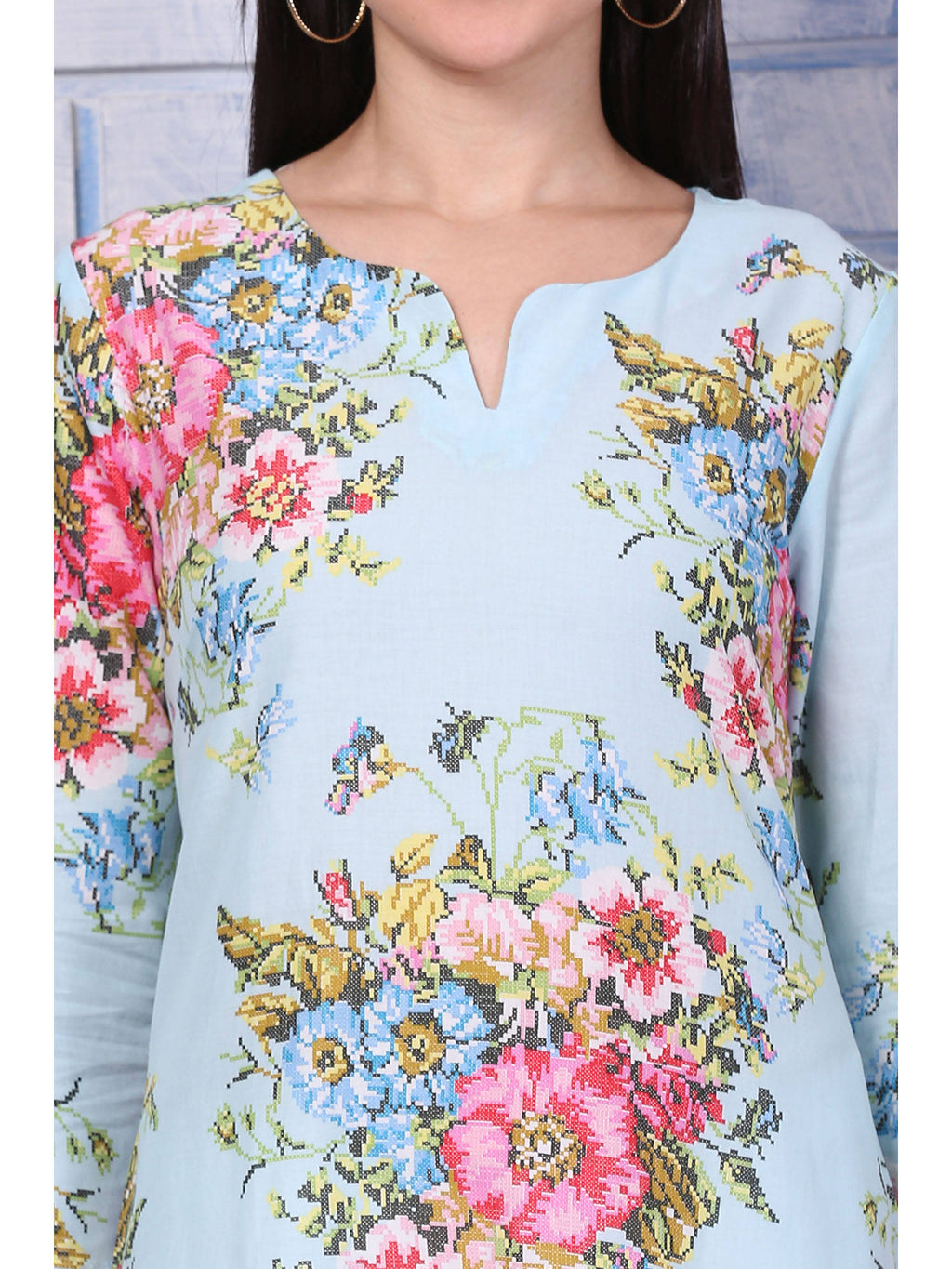Blue Floral Printed Pure Cotton Straight Kurta | KDG - view 3