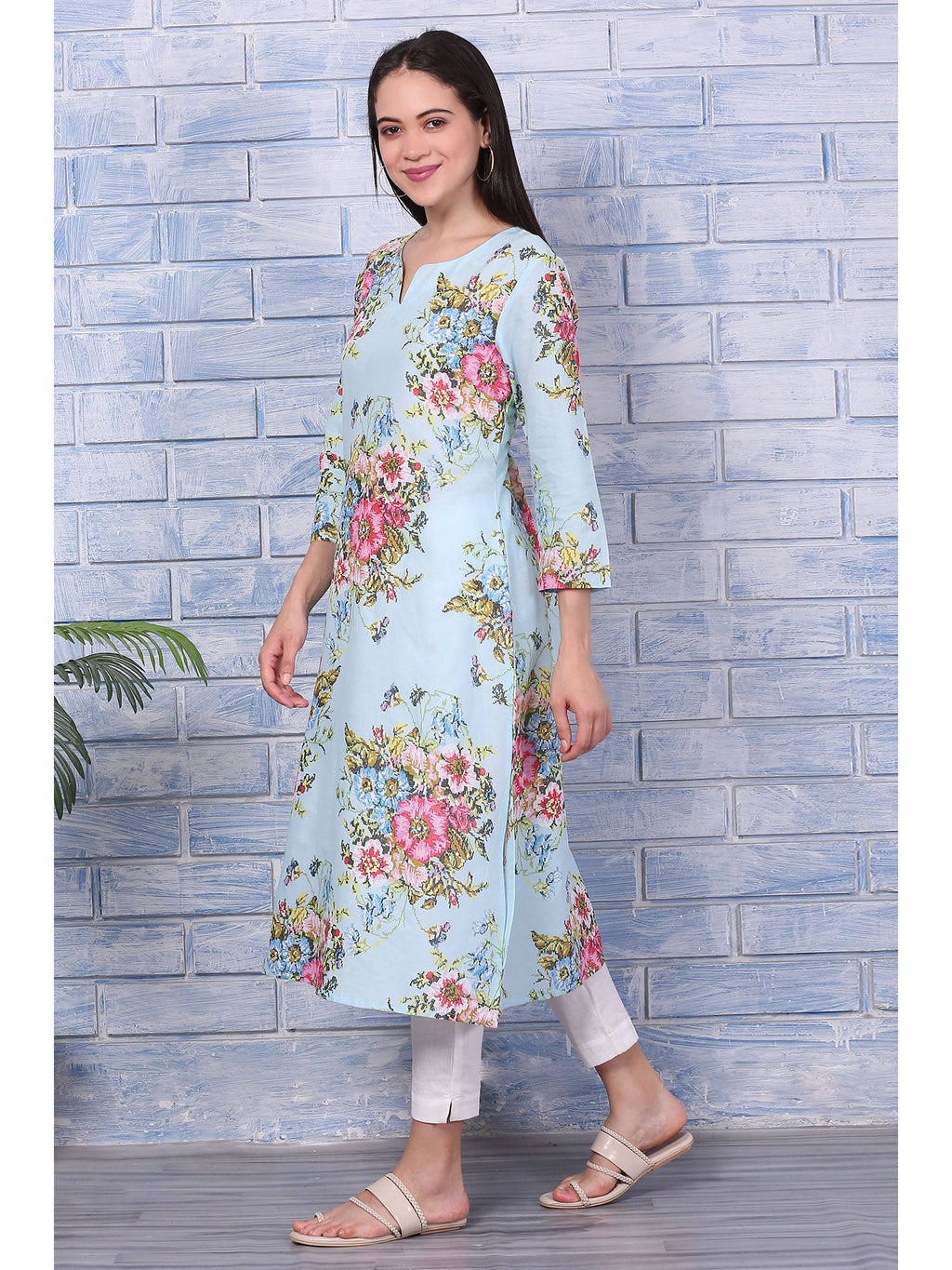 Blue Floral Printed Pure Cotton Straight Kurta | KDG - view 4