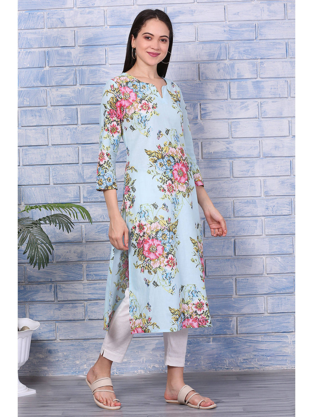 Blue Floral Printed Pure Cotton Straight Kurta | KDG - view 6