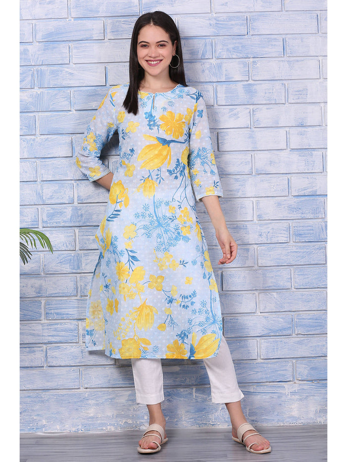 Blue Floral Printed Pure Cotton Straight Kurta with Lace | FY93 - view 1