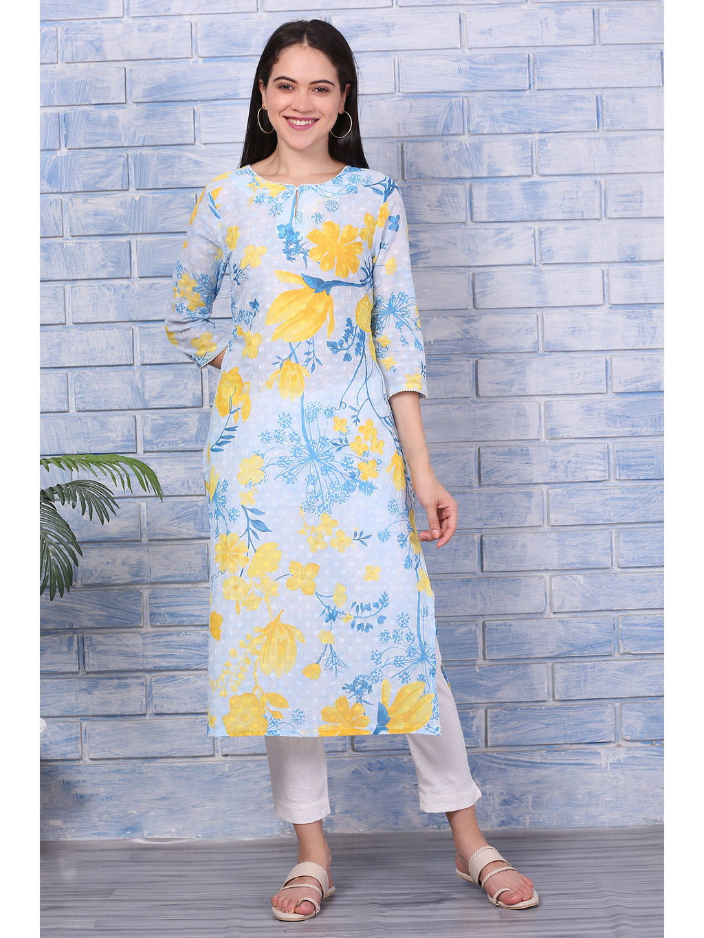 Blue Floral Printed Pure Cotton Straight Kurta with Lace | KDG - view 2