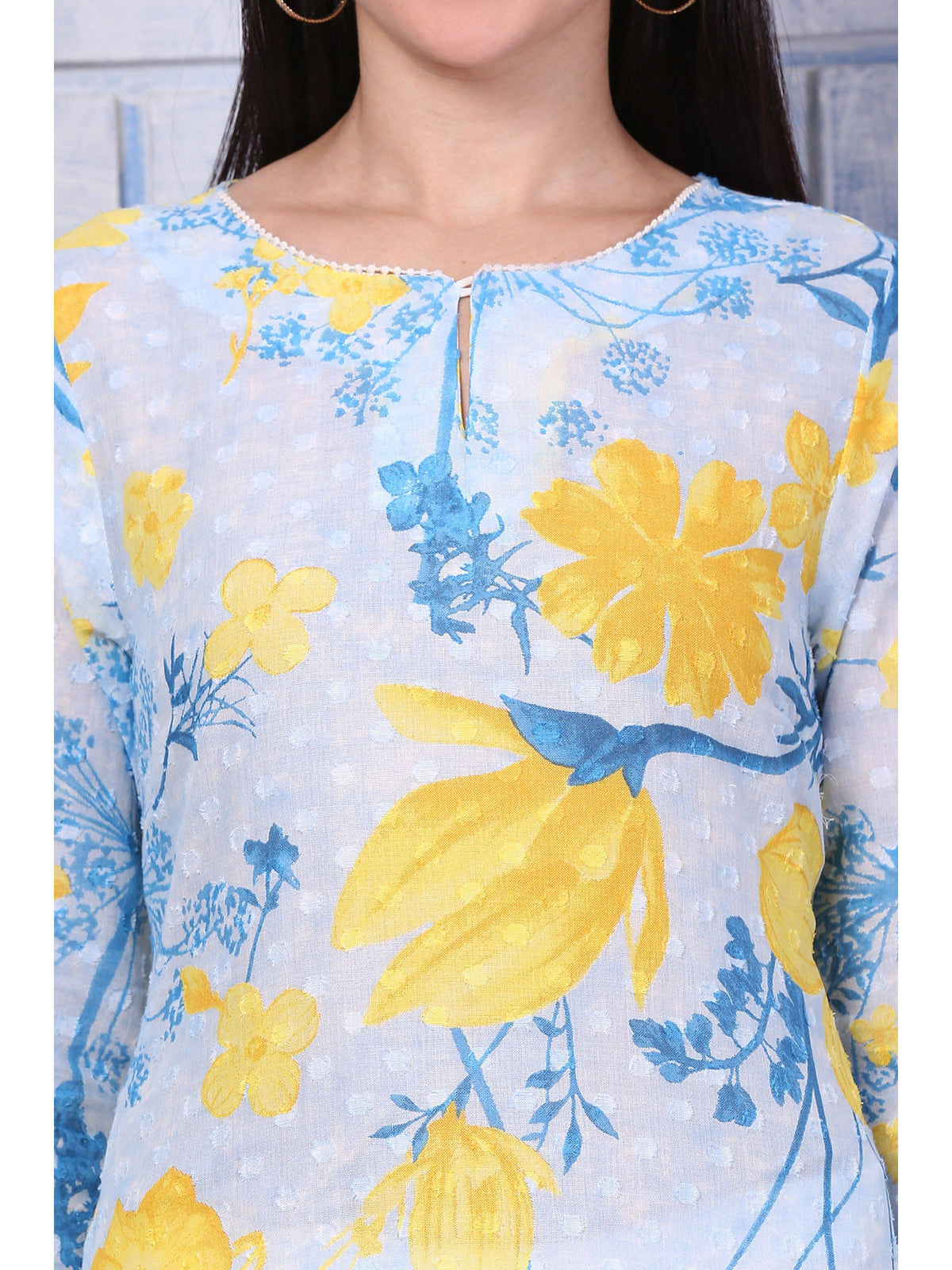 Blue Floral Printed Pure Cotton Straight Kurta with Lace | KDG - view 3