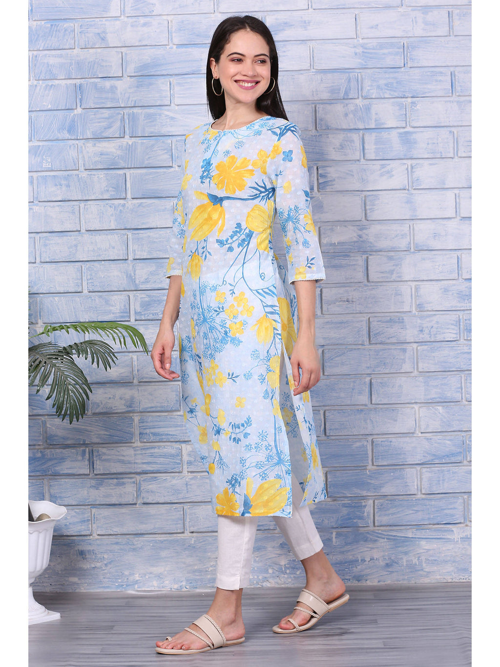Blue Floral Printed Pure Cotton Straight Kurta with Lace | KDG - view 4