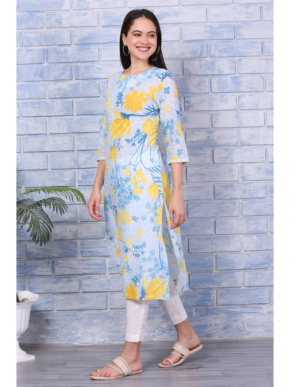 Blue Floral Printed Pure Cotton Straight Kurta with Lace | KDG - view 4