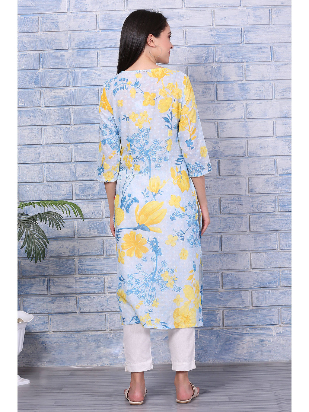 Blue Floral Printed Pure Cotton Straight Kurta with Lace | KDG - view 5