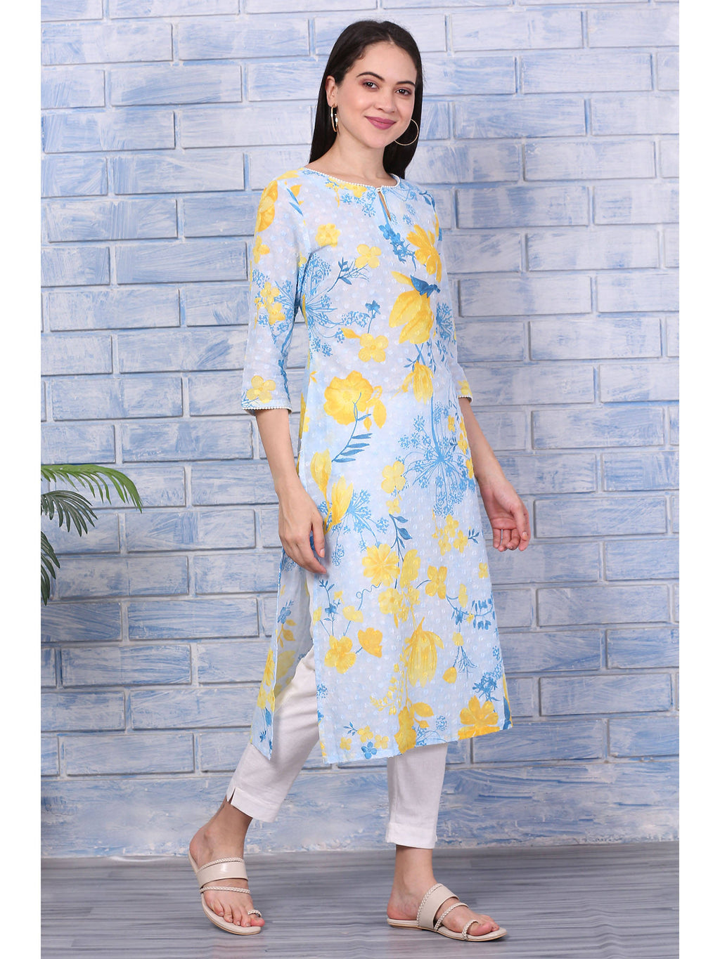 Blue Floral Printed Pure Cotton Straight Kurta with Lace | KDG - view 6