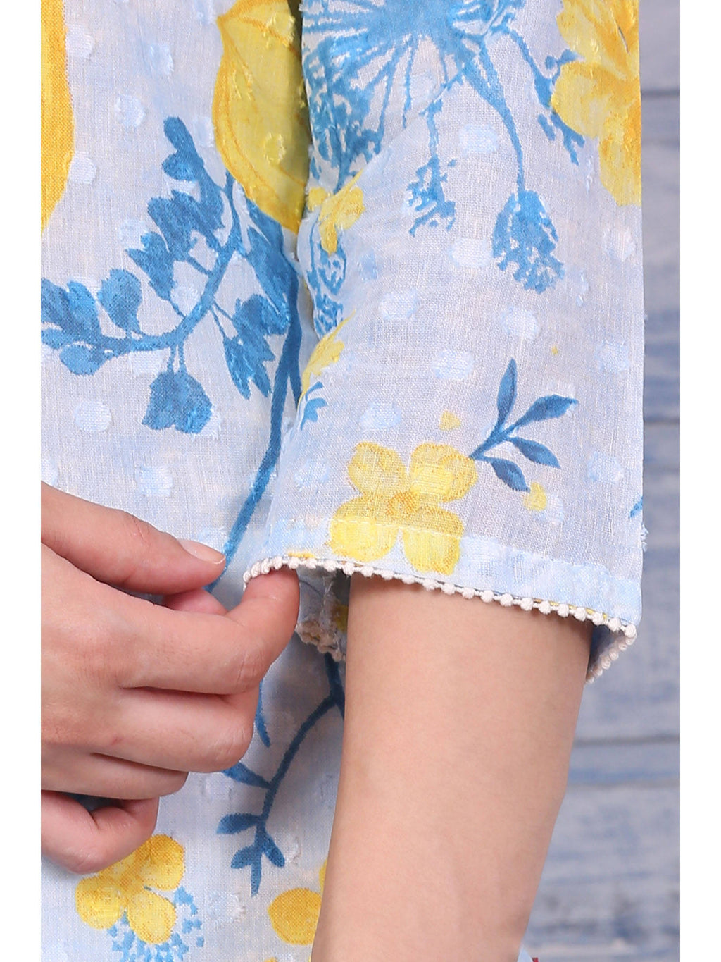 Blue Floral Printed Pure Cotton Straight Kurta with Lace | KDG - view 7