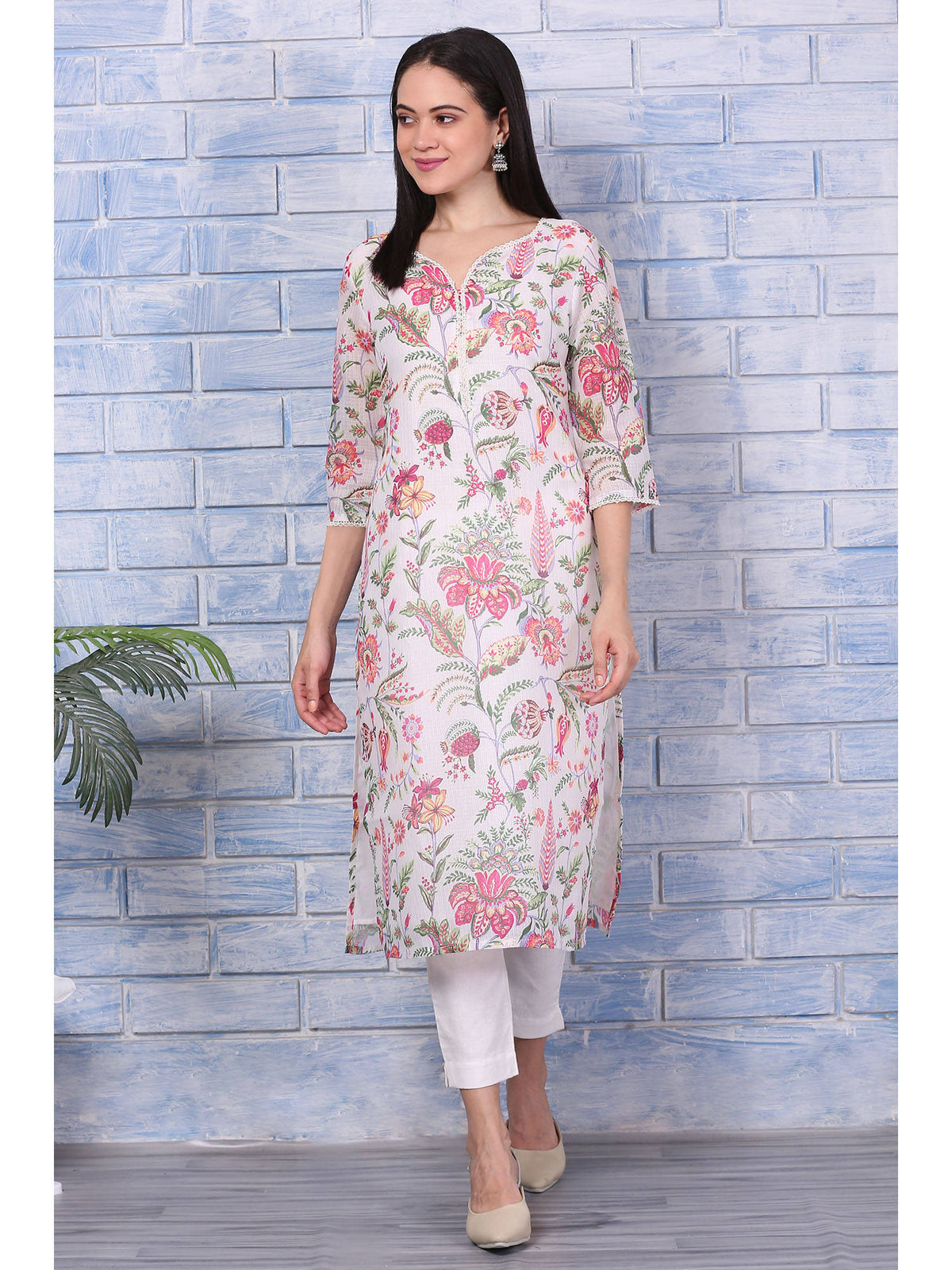 Off-White Floral Printed Kota Straight Kurta with Lace | KDG - view 1