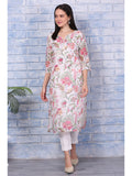 Off-White Floral Printed Kota Straight Kurta with Lace | FY93 - view 1