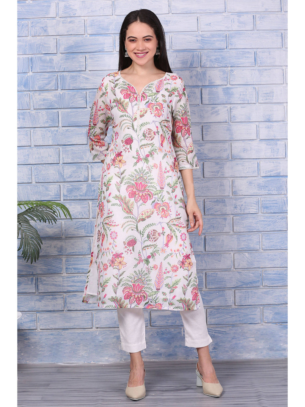 Off-White Floral Printed Kota Straight Kurta with Lace | FY93 - view 2
