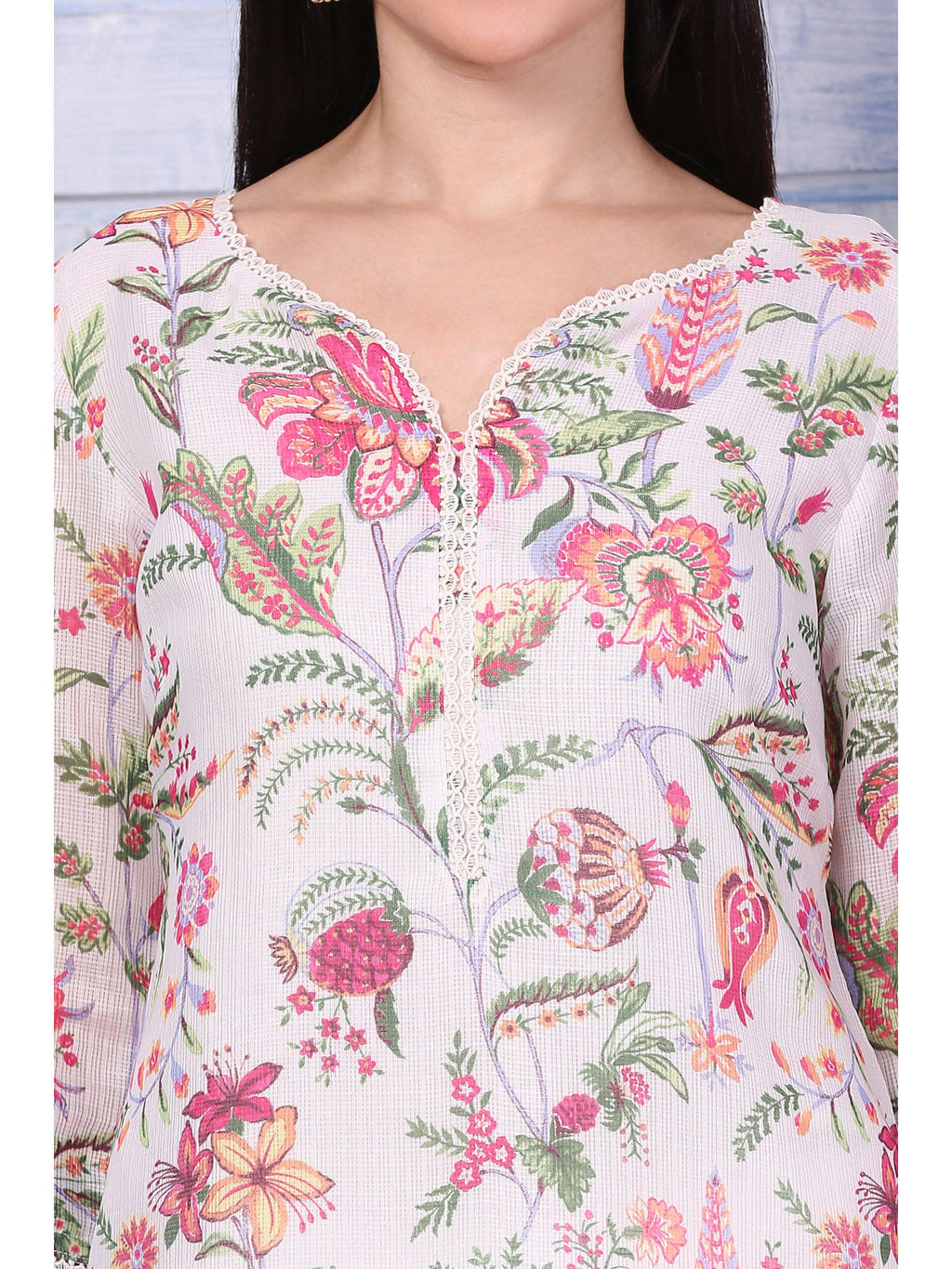 Off-White Floral Printed Kota Straight Kurta with Lace | KDG - view 3