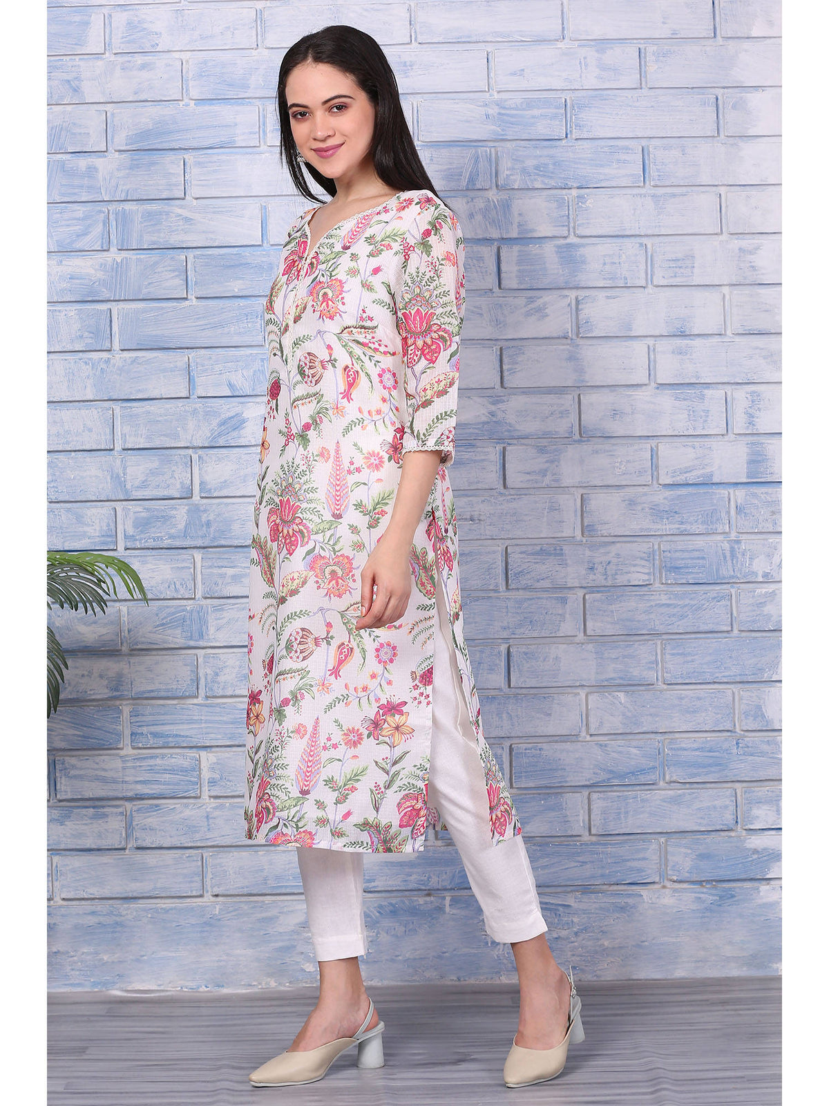 Off-White Floral Printed Kota Straight Kurta with Lace | KDG - view 4