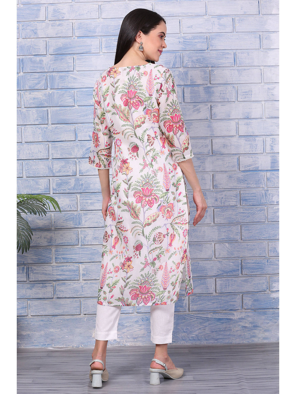 Off-White Floral Printed Kota Straight Kurta with Lace | KDG - view 5