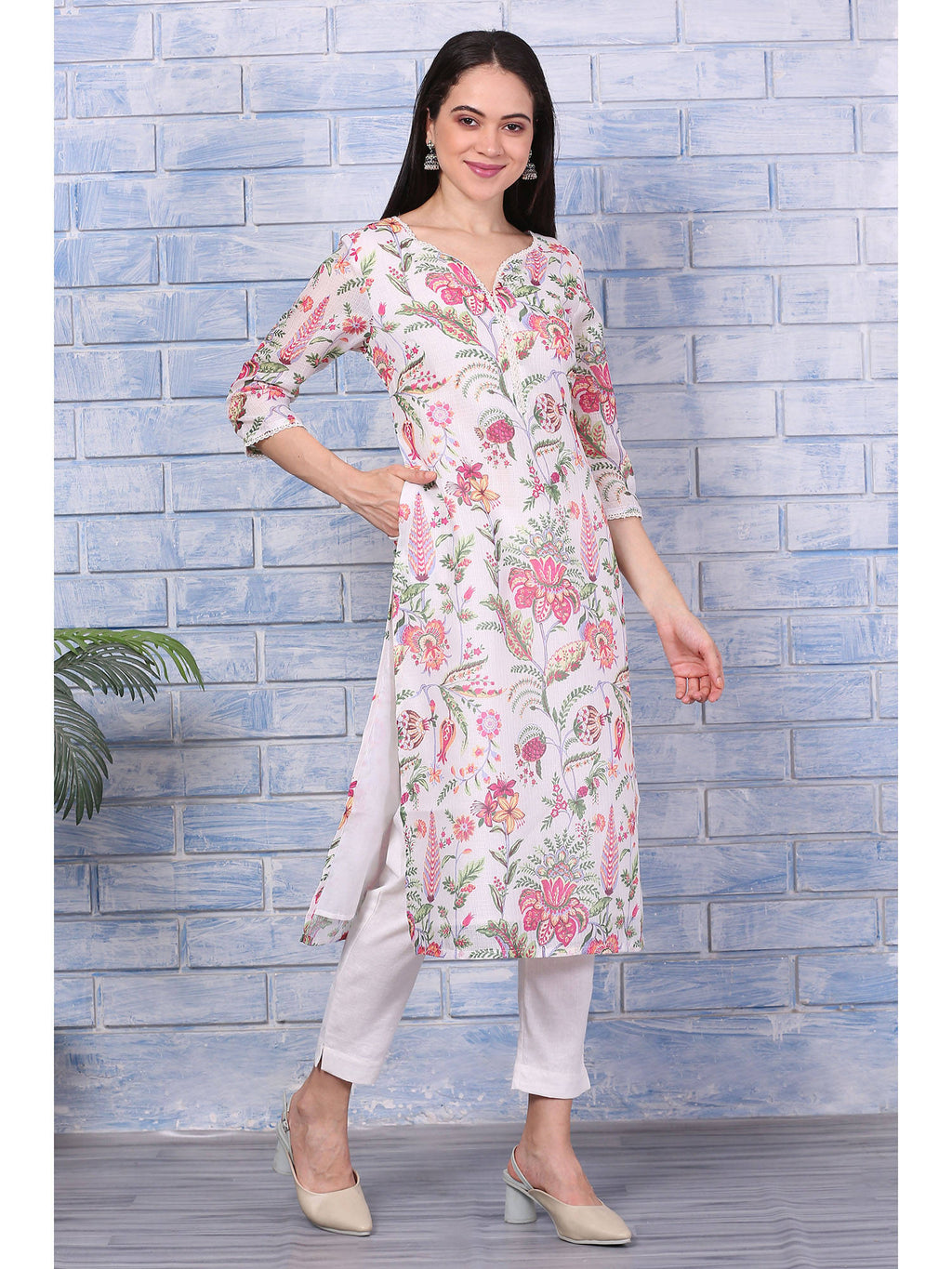 Off-White Floral Printed Kota Straight Kurta with Lace | FY93 - view 6